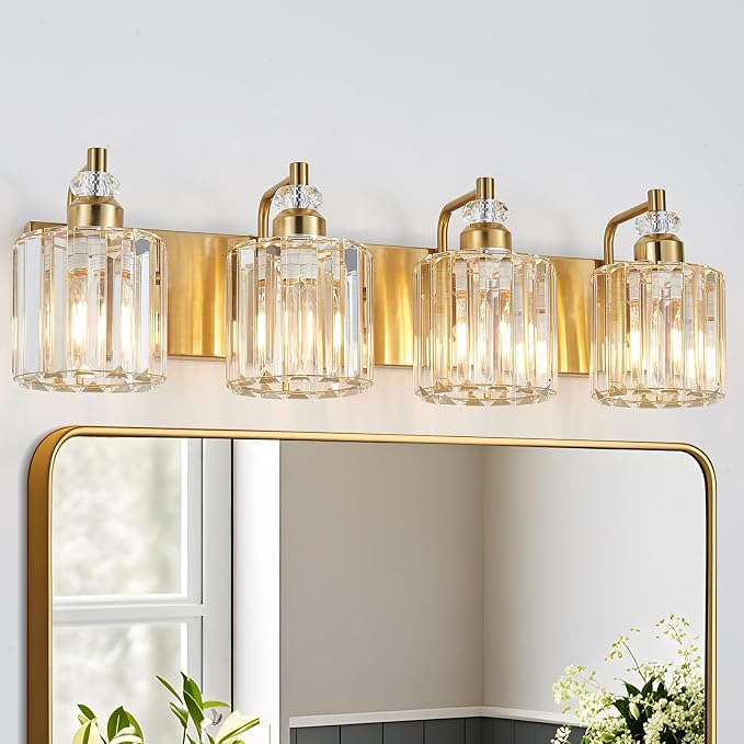 4-Light Modern Vanity Lights Brushed Brass Bathroom Light Fixtures Over Mirror Gold Bathroom Vanity Lighting with Crystal Shade E26 Base Wall Sconce for Bedroom Living Room Restroom Wall Lamp