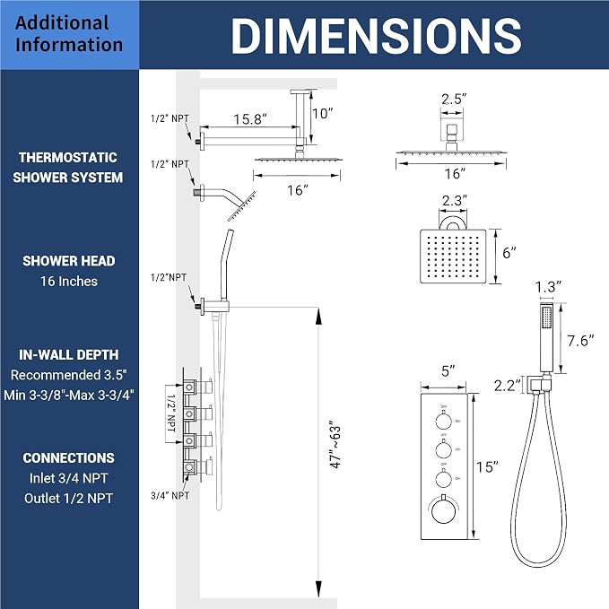 16" Thermostatic Dual Rainfall Head Brushed Gold Shower System | Ceiling Mounted Full Body Shower Faucet Set with Thermostatic Valve for Couples/ 2-Person，16“+6”Shower Head & handheld