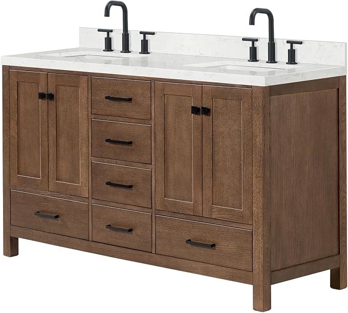 ARIEL Cambridge 60-inch Bathroom Vanity with Sink,Solid Wood, 1.5-inch Carrara White Quartz Countertop, Double Rectangular Porcelain Sink, 4 Soft Closing Doors, 6 Dovetail Drawers, Brown Oak