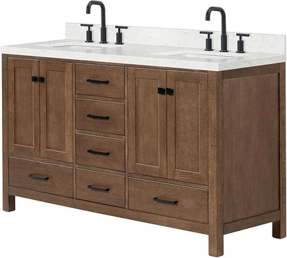 ARIEL Cambridge 60-inch Bathroom Vanity with Sink,Solid Wood, 1.5-inch Carrara White Quartz Countertop, Double Rectangular Porcelain Sink, 4 Soft Closing Doors, 6 Dovetail Drawers, Brown Oak