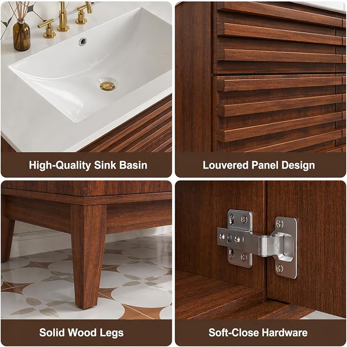 30 Inch Bathroom Vanity with Sink, Walnut Fluted Freestanding Bathroom Vanity Cabinet with Ceramic Sink Top, Solid Wood Legs, Soft Close Double Doors and Modern Storage Cabinet