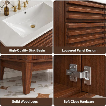 36 Inch Bathroom Vanity with Sink, Walnut Fluted Freestanding Bathroom Vanity Cabinet with Ceramic Sink Top, Solid Wood Legs, Soft Close Double Doors and Modern Storage Cabinet