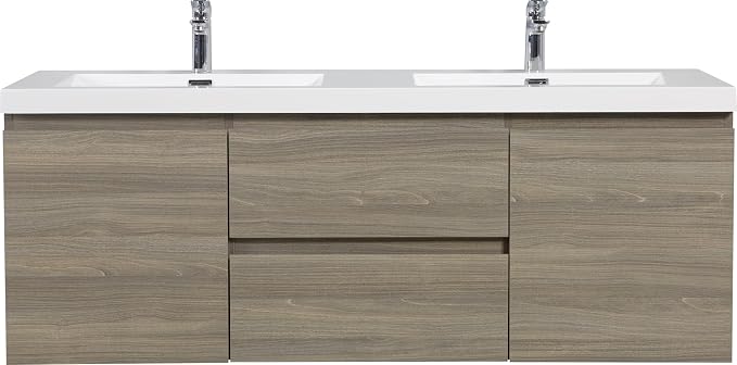 60 Inch Floating Bathroom Vanity with Double Sink, Large Storage Wall Mounted Floating Vanity with Soft Close Drawers, One-Piece Basin Bathroom Sink Cabinet (Ash Grey, 60 Inch Double Sink)