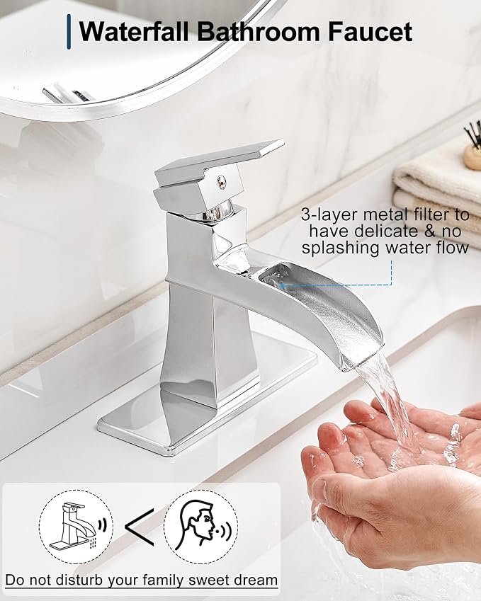 Waterfall Chrome Bathroom Faucet, Brass 4 Inch Bathroom Faucets One Hole or 3 Hole, Single Handle with PP Drain, Deck Plate, Hot and Cold Supply Hoses for RV Lavatory Restroom, 5 Mins Install