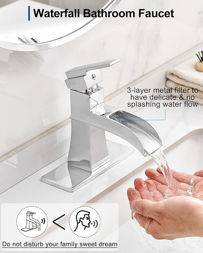 Waterfall Chrome Bathroom Faucet, Brass 4 Inch Bathroom Faucets One Hole or 3 Hole, Single Handle with PP Drain, Deck Plate, Hot and Cold Supply Hoses for RV Lavatory Restroom, 5 Mins Install