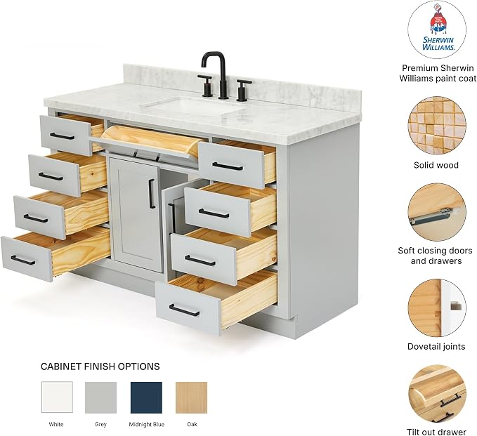 DKB Isabella 54" Grey Single Bathroom Vanity with Sink, 1.5" Italian Carrara Marble Countertop, Rectangular Undermount Sink, 2 Soft Closing Doors, 9 Dovetail Drawers