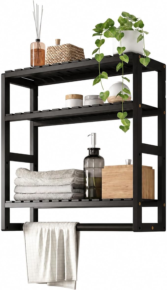 Galood Over The Toilet Storage Bathroom Shelves Wall Mounted 3 Tier Black-L | Space Saver Corner Shelf Organizer Bamboo Towel Rack Toilet Paper Cabinet with Hanging Rod
