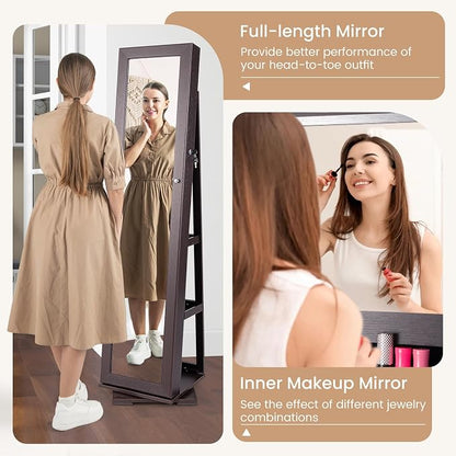 GOFLAME 360° Rotating Jewelry Armoire, Lockable Jewelry Cabinet with Full-Length Mirror & Inner Makeup Mirror, Standing Jewelry Storage Organizer with Rear Storage Shelves, Espresso