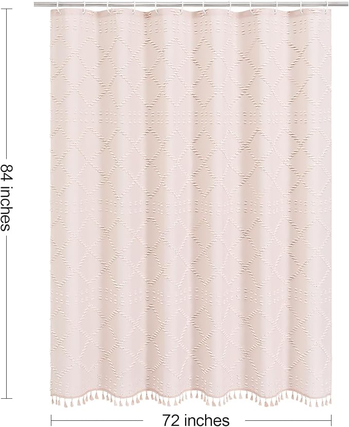 Extra Long Light Pink Boho Woven Fabric Shower Curtain with Tassel 72 x 84, Pink Bohemia Tufted Chevron Striped Chic Textured, Modern Farmhouse Minimalist Waterproof Curtain for Bathroom