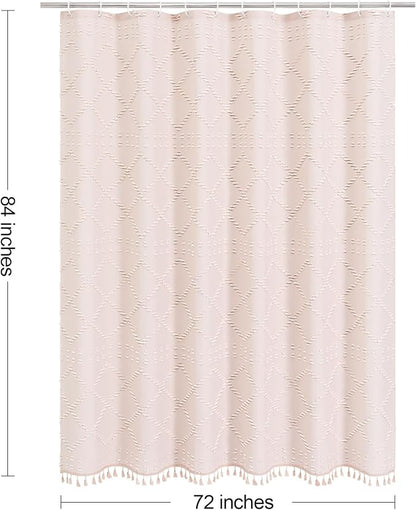Extra Long Light Pink Boho Woven Fabric Shower Curtain with Tassel 72 x 84, Pink Bohemia Tufted Chevron Striped Chic Textured, Modern Farmhouse Minimalist Waterproof Curtain for Bathroom