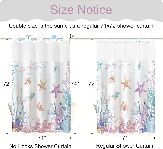 No Hook Shower Curtain and Liner Set, Watercolor Purple Beach Coastal 71x74 | Nautical Ocean for Bathroom, with Snap in Liner Replacement, Mesh Top Window, Waterproof, Machine Washable, Quick-Drying