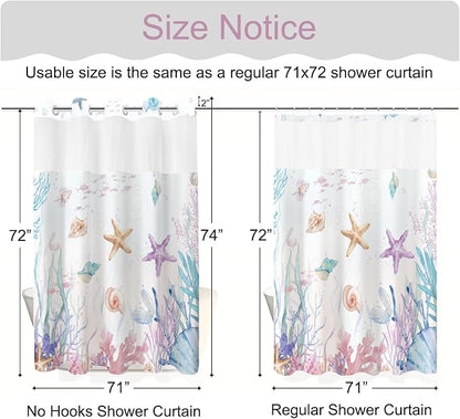 No Hook Shower Curtain and Liner Set, Watercolor Purple Beach Coastal 71x74 | Nautical Ocean for Bathroom, with Snap in Liner Replacement, Mesh Top Window, Waterproof, Machine Washable, Quick-Drying