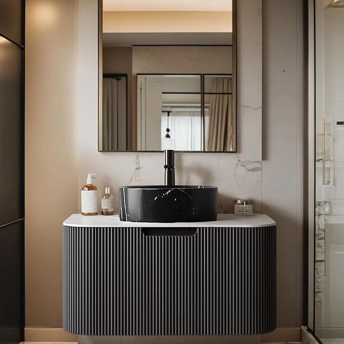 30 Inch Floating Bathroom Vanity with Sink, Natural Solid Wood Modern Storage Cabinet with Ultra-Thin Stone Pattern Sink and Marble Countertop, Soft-Close Design, Pre-Assembled, Gloss Black