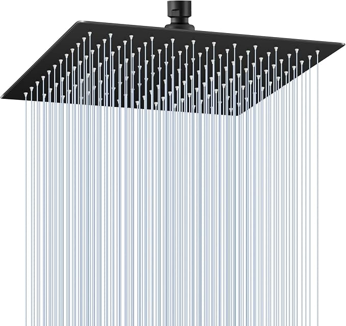 12 inch Matte Black Rain Shower Head - All Metal 304 Stainless Steel, Full Body Rainfall Shower with 144 Silicone Nozzles - Square Showerheads Ceiling or Wall Mount Modern Bathroom