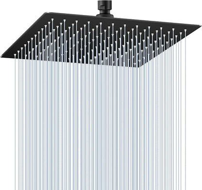 12 inch Matte Black Rain Shower Head - All Metal 304 Stainless Steel, Full Body Rainfall Shower with 144 Silicone Nozzles - Square Showerheads Ceiling or Wall Mount Modern Bathroom