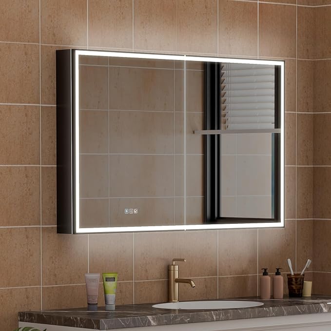 48" X 30" LED Mirrored Medicine Cabinet, Medicine Cabinets with Lights for Bathroom, Defogging Function Mirror Cabinet, Bathroom Medicine Cabinet with USB Port & Outlet, Double Opening Doors