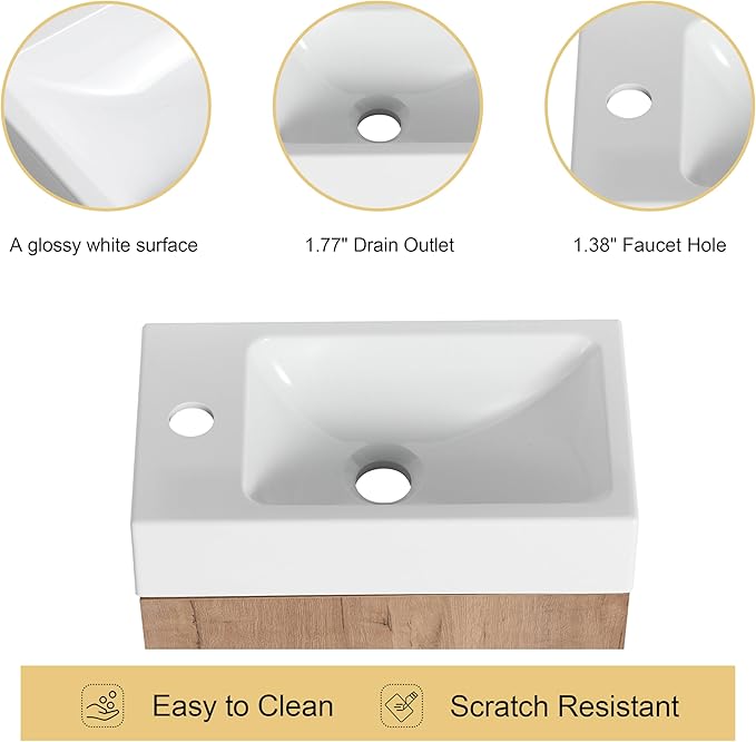 Malwee 16" Floating Bathroom Vanity with Sink, 16 Inch Single Sink Wall Mounted Bathroom Vanity, with 1 Door and White Resin Basin Top for Small Space, Plywood Cabinet Storage(050-16)