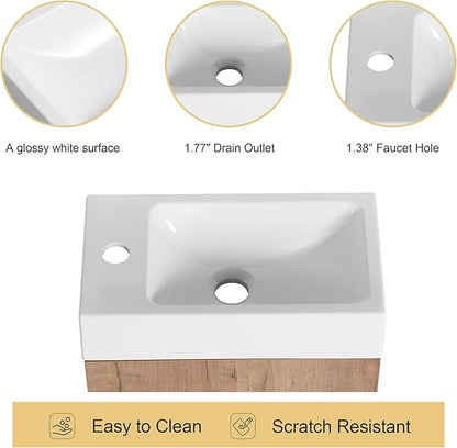 Malwee 16" Floating Bathroom Vanity with Sink, 16 Inch Single Sink Wall Mounted Bathroom Vanity, with 1 Door and White Resin Basin Top for Small Space, Plywood Cabinet Storage(050-16)