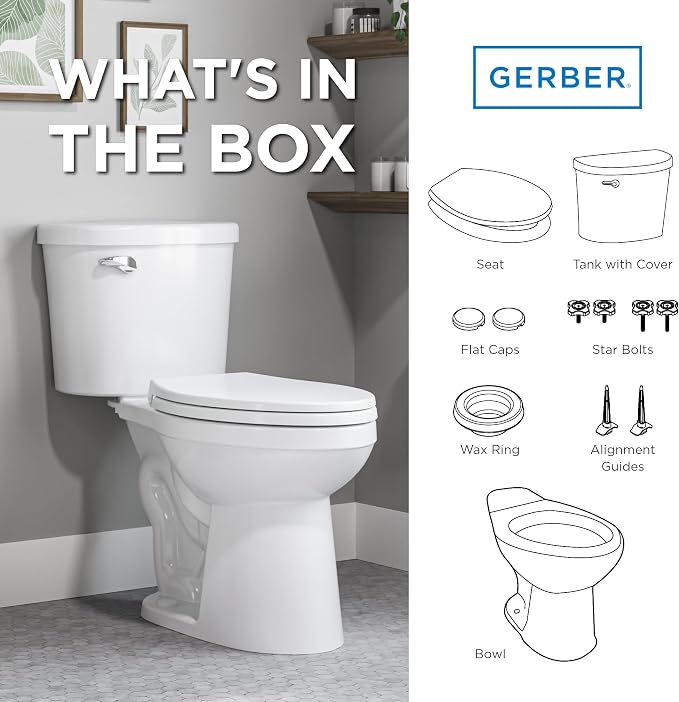 Gerber Maxwell Crest Elongated Two-Piece Toilet, Soft-Close Seat, White | Efficient flush clears the bowl with ease | Tool-free install kit with wax ring included | Glazed trapway prevents clogs