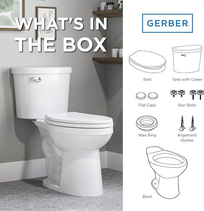 Gerber Maxwell Crest Elongated Two-Piece Toilet, Soft-Close Seat, White | Efficient flush clears the bowl with ease | Tool-free install kit with wax ring included | Glazed trapway prevents clogs