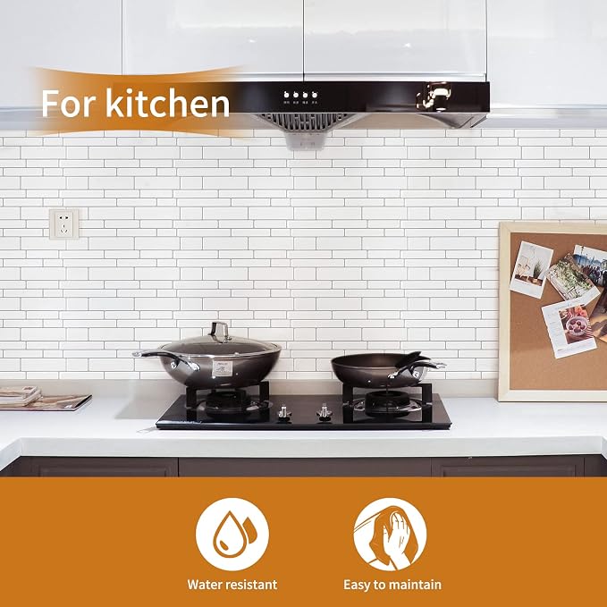 WOWSTAR 10-Sheet White Peel and Stick Backsplash Tiles for Kitchen, Marble Look Stick on Tiles for Kitchen, 12 inches x 12 inches | Peel and stick backsplash, self-adhesive wall tile, White, marble, waterproof, kitchen bathroom wall, 10-sheet, set A