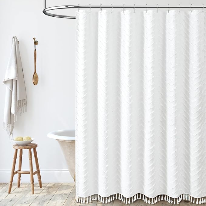 Extra Long Boho Shower Curtain Tufted Chevron 72"x90" White | 90 Inch Tall, Elegant Tassel, Lightweight Textured Fabric, Water Repellent, Washable, Hotel Spa, for Bathroom/Dorm 12 Hooks