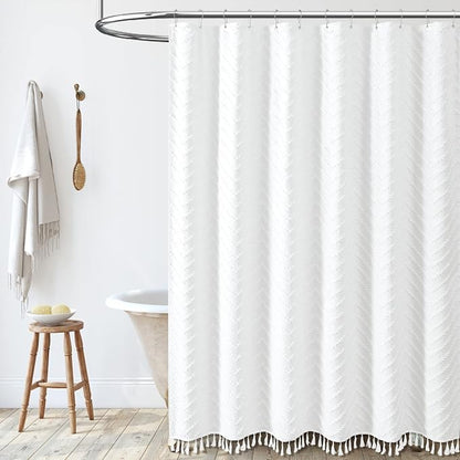 Extra Long Boho Shower Curtain Tufted Chevron 72"x90" White | 90 Inch Tall, Elegant Tassel, Lightweight Textured Fabric, Water Repellent, Washable, Hotel Spa, for Bathroom/Dorm 12 Hooks
