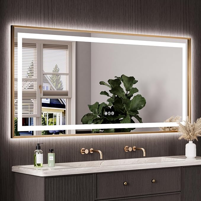 77"X36" LED Bathroom Mirror with Front Lit and Backlit(Brushed Gold) | Metal Framed Mirror, Stepless Dimmable, Anti-Fog, HD Reflection, Shatter-Proof, Memory, 3 Colors, Double LED Vanity Mirror.