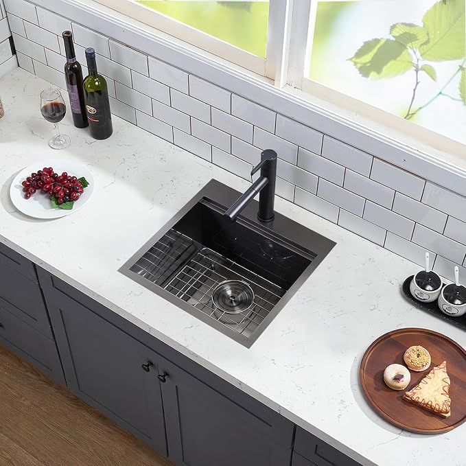 HOTIS 18 x 18 Inch Black Bar Sink Drop in Workstation Sink, Handmade Stainless Steel Wet Bar Sinks,Topmount RV Small Kitchen Sinks, Outdoor Single Bowl with Dish Grid & Drain & Cutting Board