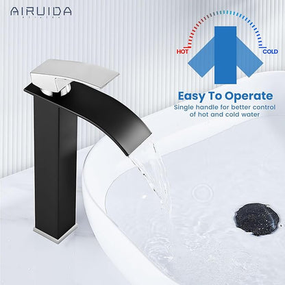 Airuida Tall Waterfall Spout Bathroom Faucet Matte Black&Chrome Polish Single Handle Vessel Sink Faucet One Hole Vanity Farmhouse Lavatory Washbasin Deck Mount Mixer Tap