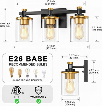 Bathroom Light Fixture, Bathroom Vanity Light Over Mirror, 3-Lights | Vanity Lights for Bathroom, Modern Lighting Fixtures with Clear Glass Shade, Black and Gold Vanity Lights, ETL Listed