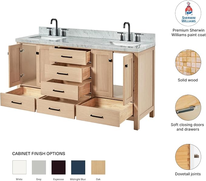Beckford 66-Inch Oak Double Bathroom Vanity with Sink, Italian Carrara Marble Countertop 1.5" Edge & Backsplash, Soft Closing Doors & Drawers, Matte Black Hardware