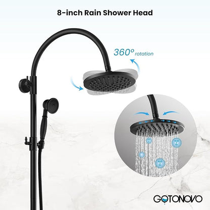 gotonovo Exposed Shower Faucet with Spout Matte Black,Curved Pipe | Brass Bathroom Exposed Shower System,8’’ Rain Head,Swivel Tub Spout 2 Cross Handle,Adjustable Handheld Sprayer,Wall Mount