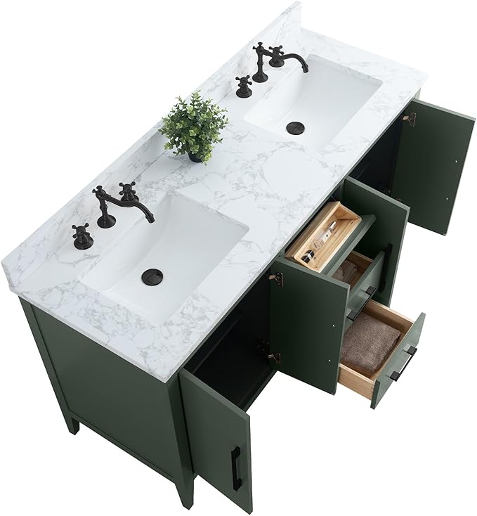 HomeBeyond 60 Inch Bathroom Vanity with Sink & Ceramic Top, Double Vanity Cabinet with Basin, Soft-Closing Doors & Matte Black Hardware, Vintage Green