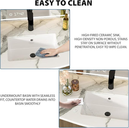 White Undermount Bathroom Sink 18.1"x12.4"Ceramic Basin | Modern Porcelain Under Counter Bathroom Vanity Sink, Interior Bowl 16.3"x 10.6", Rectangular Undermount Basin with Overflow