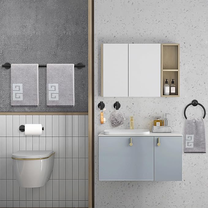 NearMoon 10 Pieces Bathroom Hardware Set SUS304 Thicken Stainless Steel-Towel Rack Kit Include 24" Towel Rod + Bath Towel Ring + Toilet Paper Holder + Robe Towel Hooks Bath Accessories (Matte Black)