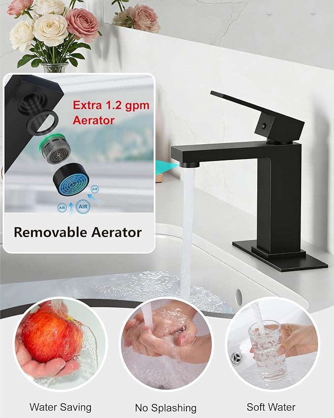 Midanya Bathroom Faucets 1 Hole, Single Handle Stainless Steel Bathroom Sink Faucet, Modern Vanity Faucets with Deck Plate,Water Supply Hoses and Pop Up Drain,Matte Black