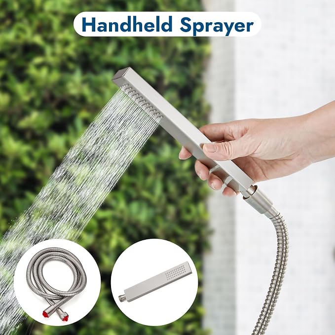 Wall Mounted Outdoor Shower Kit,Outdoor Shower Faucet,Brushed Nickel | 6-Inch Square Rainfall Shower Head with Handheld Spray, Adjustable Slide Bar & Dual Function Design for Flexible Outdoor Use