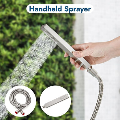 Wall Mounted Outdoor Shower Kit,Outdoor Shower Faucet,Brushed Nickel | 6-Inch Square Rainfall Shower Head with Handheld Spray, Adjustable Slide Bar & Dual Function Design for Flexible Outdoor Use