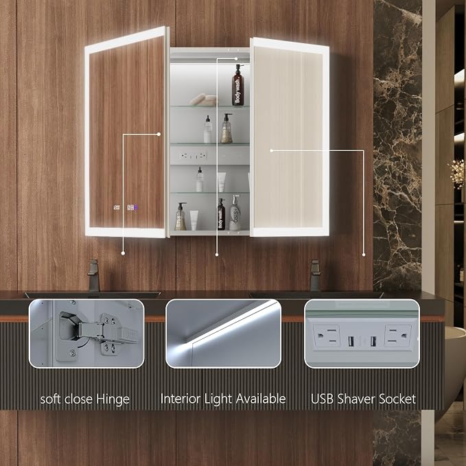 42 in. W Smart Lighted Medicine Cabinet with Mirror for Bathroom, Recessed/Surface Mount Medicine Cabinet with Anti-Fog, 1800W Charging Station, USB Ports, 3 Color Lights
