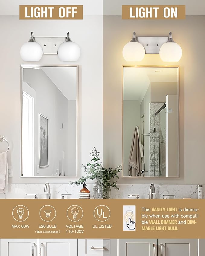 Emak Globe Bathroom Light Fixtures, Brushed Nickel Vanity Lights with Milk Glass Shade, Modern 2-Light Bathroom Vanity Lights Over Mirror, VL118-BN-ML-2