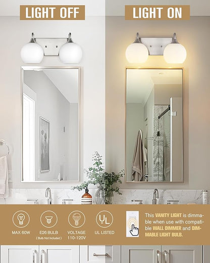 Emak Globe Bathroom Light Fixtures, Brushed Nickel Vanity Lights with Milk Glass Shade, Modern 2-Light Bathroom Vanity Lights Over Mirror, VL118-BN-ML-2