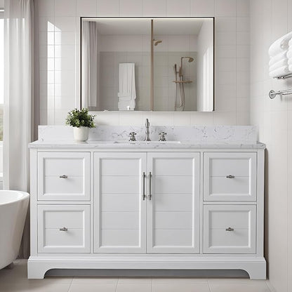 HOMEBEYOND 60 Inch Bathroom Vanity with Single Sink & Ceramic Top, Vanity Cabinet with Center Countertop Basin, Soft-Closing Doors, Backsplash, White