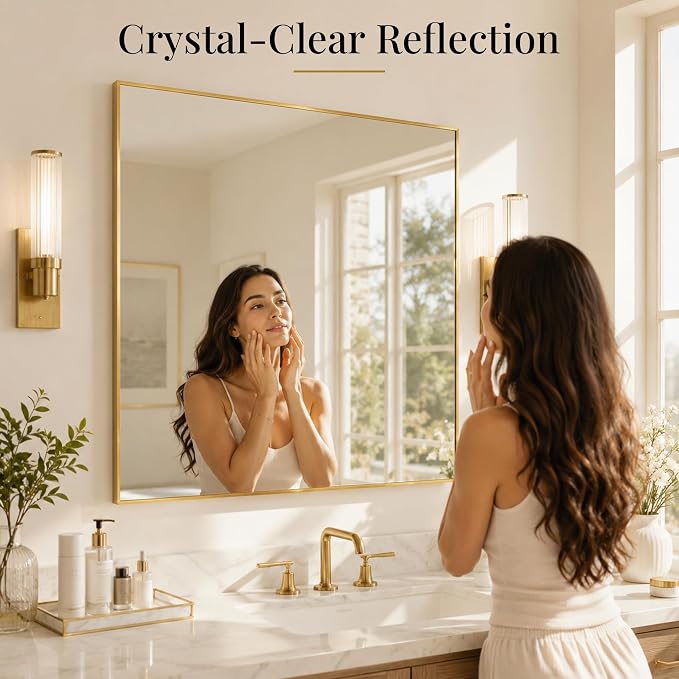 36"x36" Brushed Gold Framed Square Bathroom Vanity Wall Mirror | Accent Wall Mirror, Square Geometric Look, Slim Metal Frame, Living Room or Entryway, Keyhole Mount, Tempered Glass