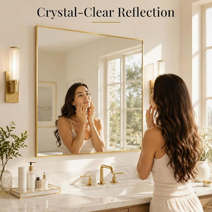 36"x36" Brushed Gold Framed Square Bathroom Vanity Wall Mirror | Accent Wall Mirror, Square Geometric Look, Slim Metal Frame, Living Room or Entryway, Keyhole Mount, Tempered Glass