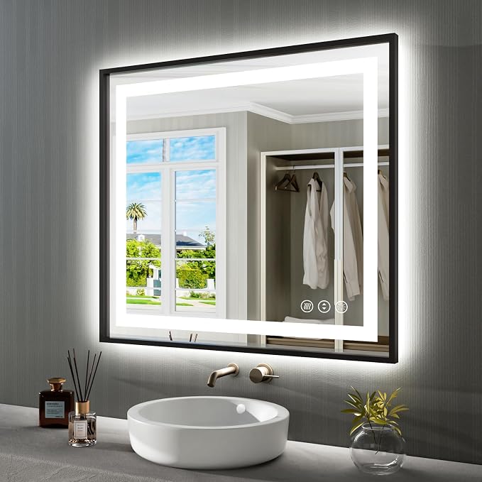 40"X36" LED Bathroom Mirror with Black Frame, Front Lit and Backlit | Metal Framed Mirror, Stepless Dimmable, HD Reflection, Anti-Fog, Shatter-Proof, Memory, 3 Colors Lighting, UL Listed.