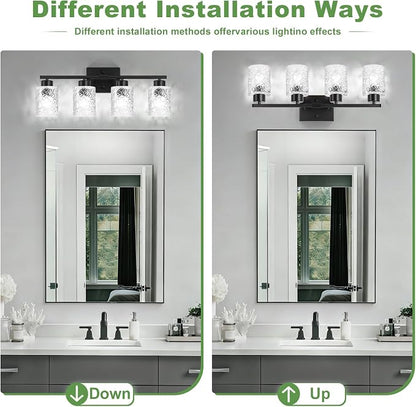4-Light Bathroom Light Fixtures, Black Vanity Lights Over Mirror | Wall Sconces with Clear Textured Glass Shades for Living Room Bedroom Hallway,E26 Base (Bulbs Not Included)