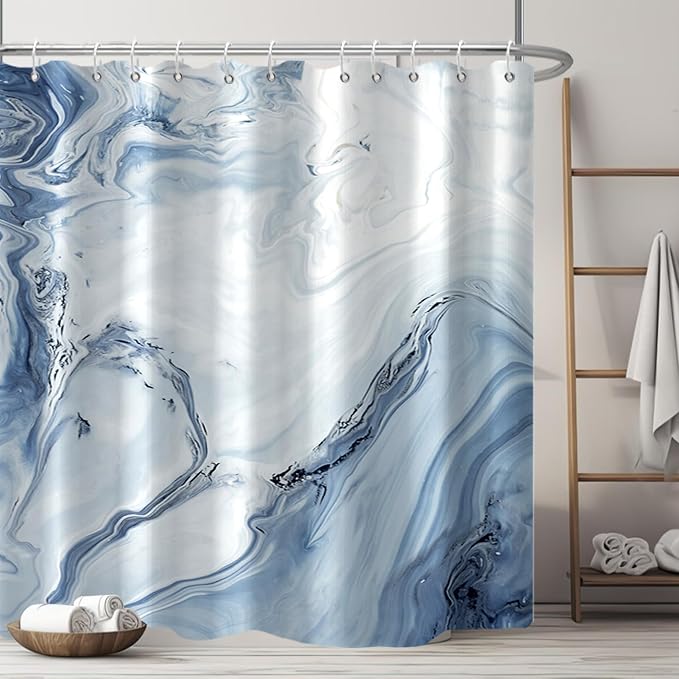 AWERT Blue Marble Shower Curtain - Waterproof for Bathroom Decor, Printed Washable With Hooks, 72x72 Inch