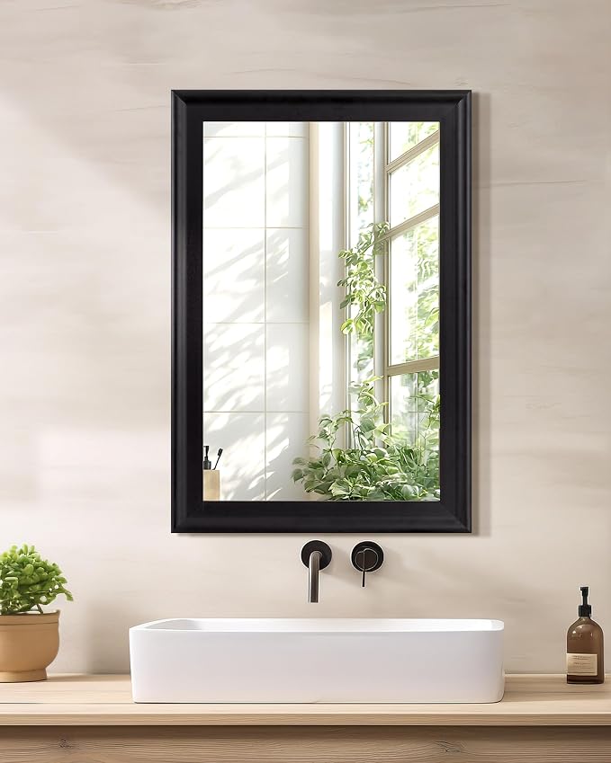 Black Wood Wall Mirror for Bathroom,Rectangle 20 x 30 inch Vanity Mirrors | Hanging Mirror with Wooden Frame for Living Room,Bedroom,Entryway