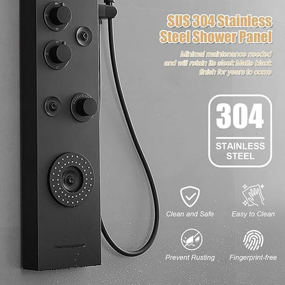 6 in 1 Shower Panel Tower System, Rainfall Shower Panels Set w/LED and Digital Display Stainless Steel Shower Tower with Waterfall Tub Spout 2-Type Massage Jets Handheld Head Matte Black